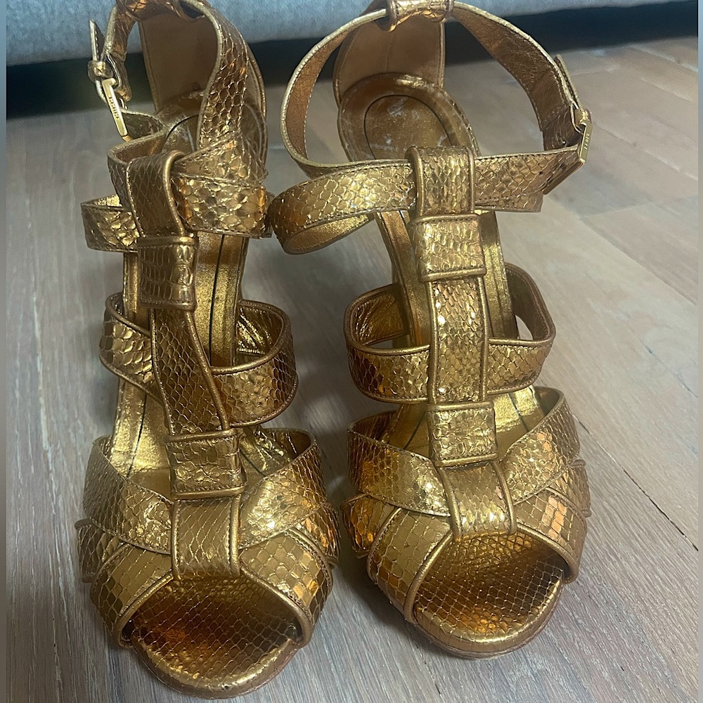 Gucci Embossed Leather Gold Caged Sandals